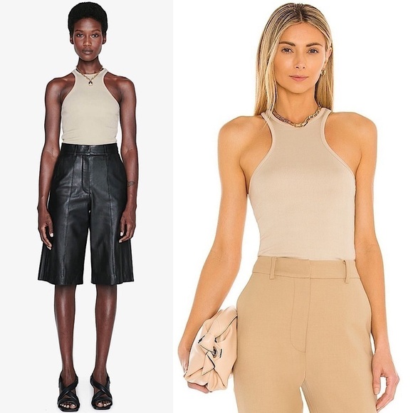 ANINE BING 90s Beige Stretch Rib Knit Sleeveless Sculpting Racerback Tank‎ Top S